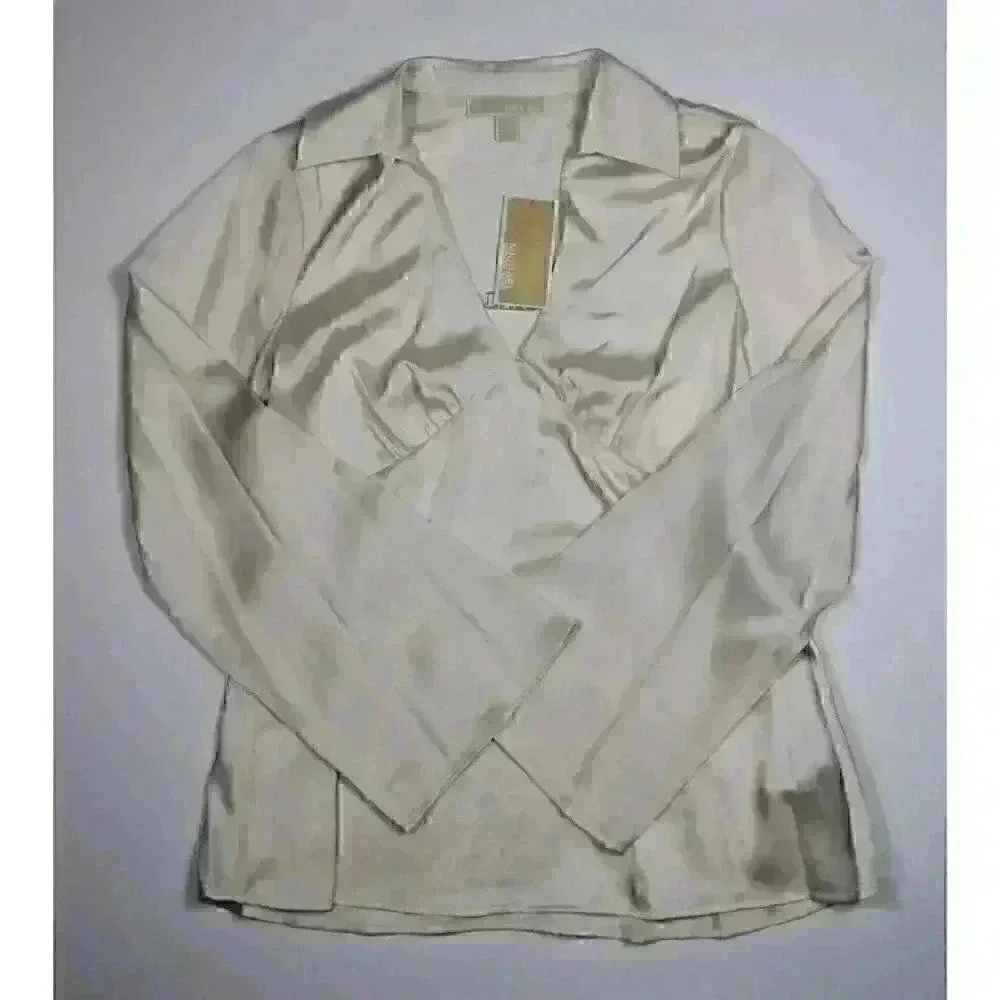 NEW! MICHAEL Michael Kors Women's S Collared V-Neck Logo Satin Blouse NWT $110